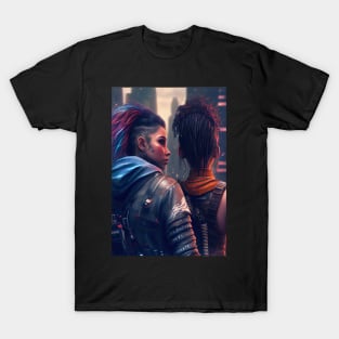 Futuristic Cyberpunk Lesbian Lovers Embrace in Emotional Portrait T-Shirt